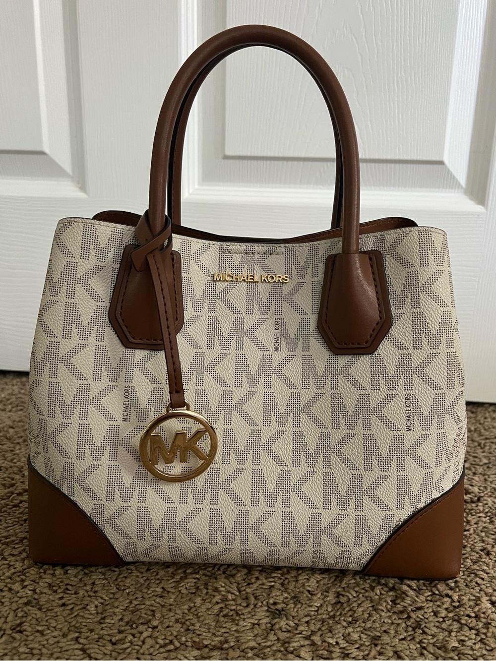 Michael Kors Cream and Brown Logo-Print Tote